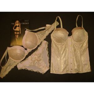 Victoria's Secret 34C BRA SET+34C CORSET bustier+L panty PINK Gold foil lace